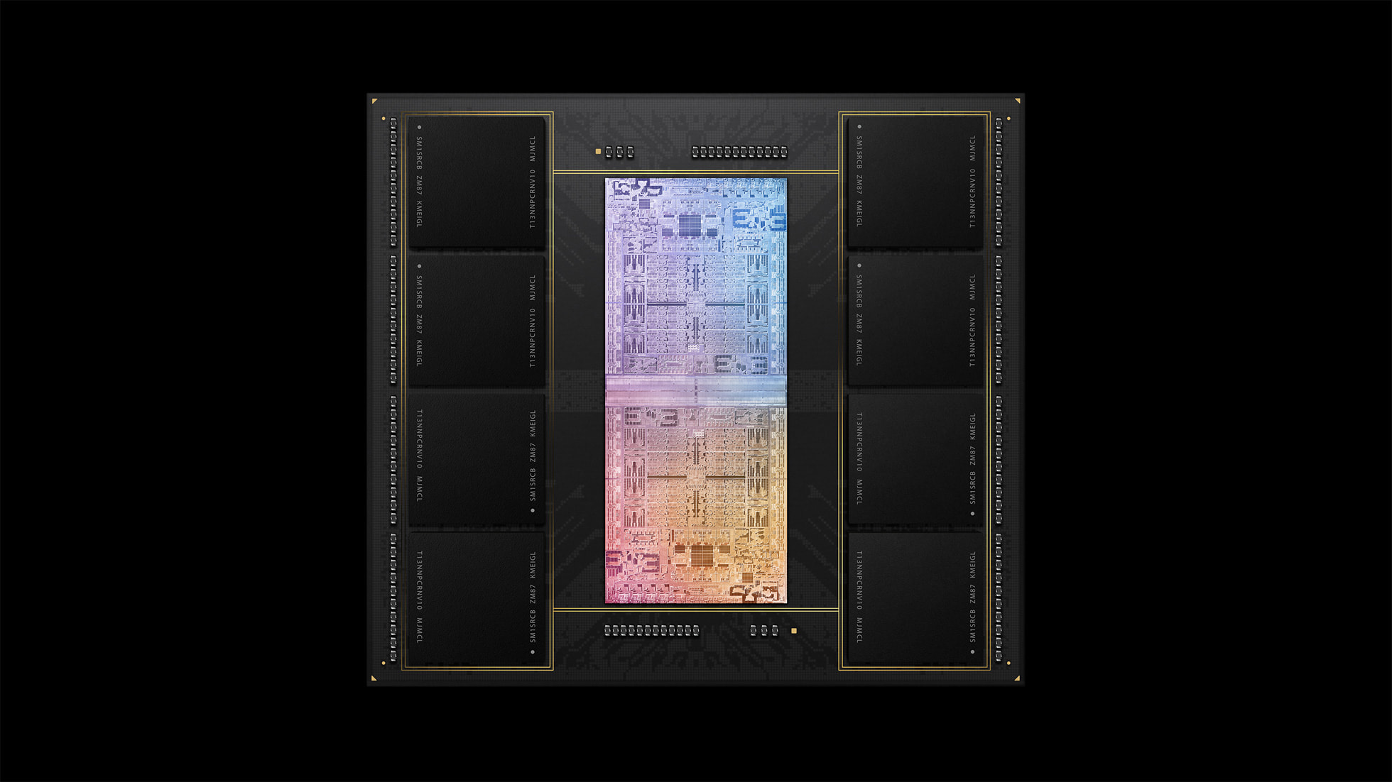 Apple M1 Ultra die shot highlighting the UltraFusion interconnect joining two M1 Max dies