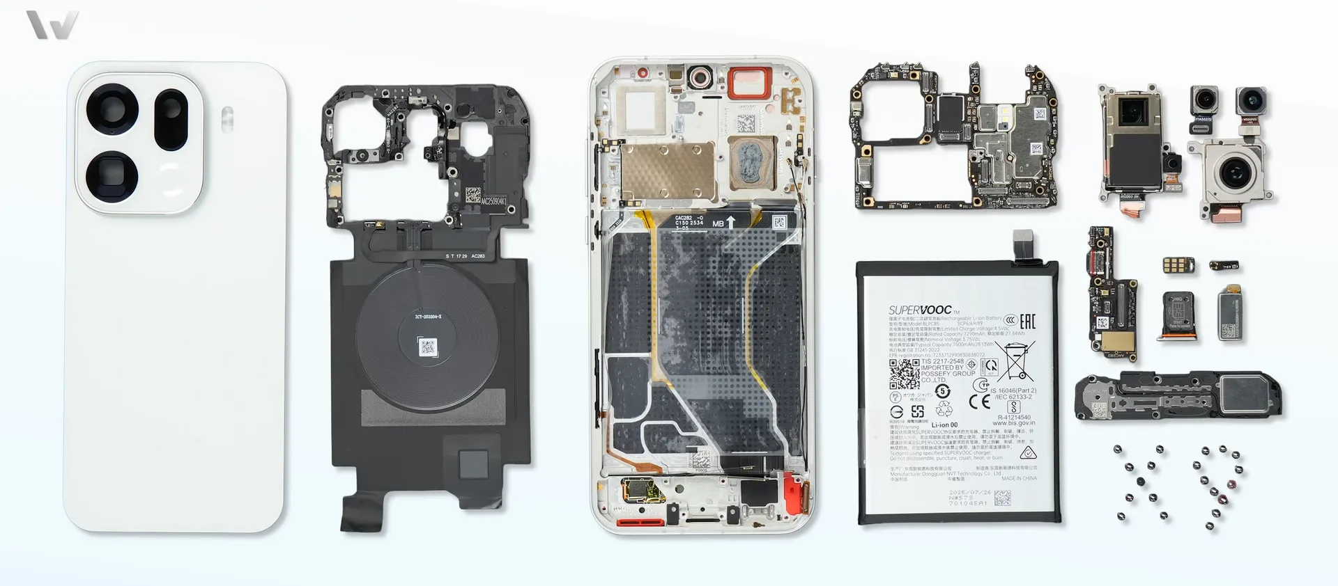 A disassembled high-end Android laid flat on a white surface, components spread out like a dissection