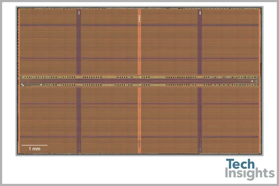High-magnification dieshot of a mobile DRAM integrated circuit, revealing the microscopic lattice of memory cells