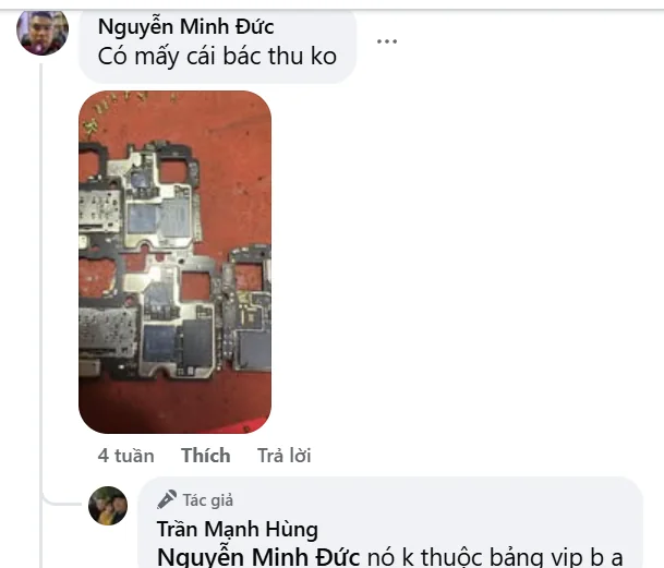 Facebook comment by Nguyen Minh Duc showing rejected motherboard