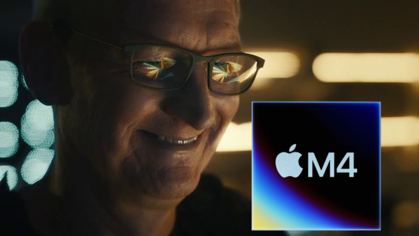 Tim Cook holding an Apple M4 logo