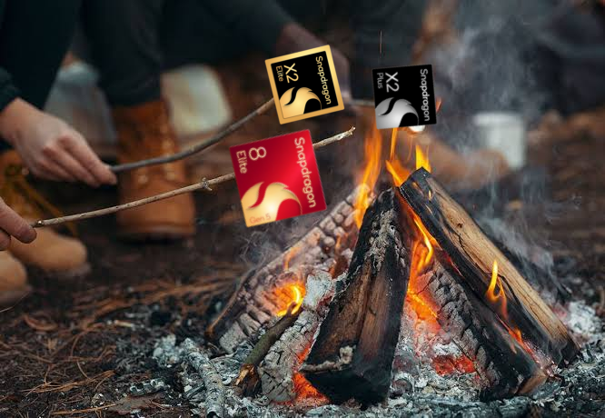 Snapdragon Elite chips roasting over a campfire