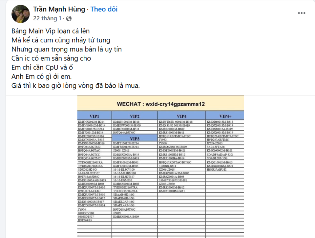 Facebook post by Tran Manh Hung with VIP motherboard pricing chart