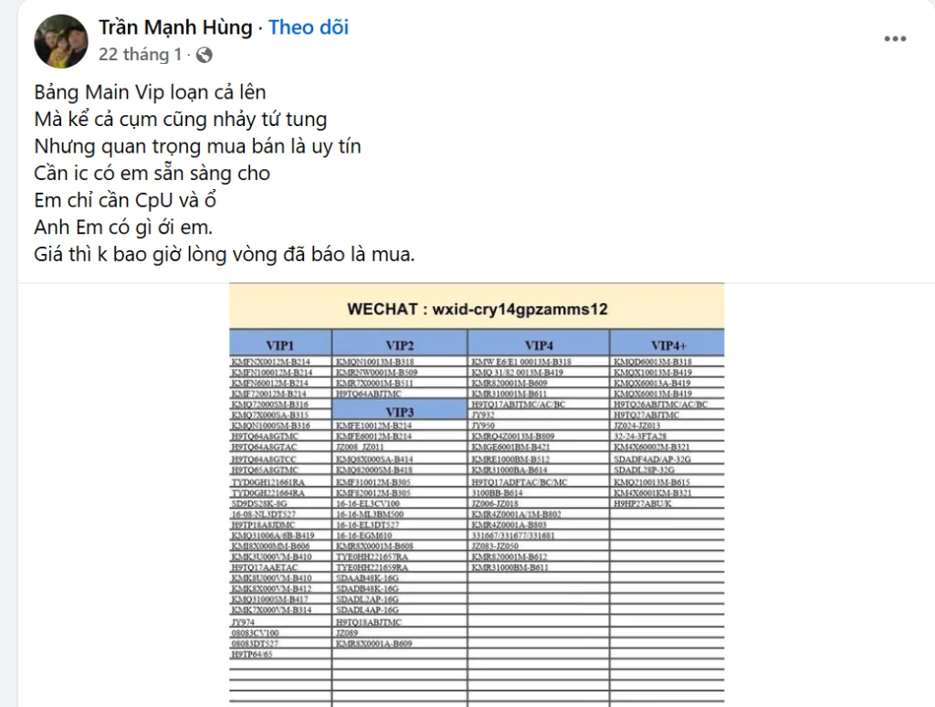 Facebook post by Tran Manh Hung with VIP motherboard pricing chart